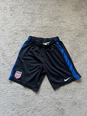 Nike USMNT Black Soccer Shorts with Blue Trim and USA Crest